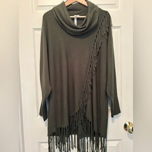 NY Collection Olive Cowl Neck Sweater with Fringe